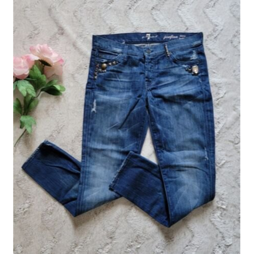 7 For All Mankind Josefina Skinny Boyfriend Studded Denim Blue Jeans Sz 27‎